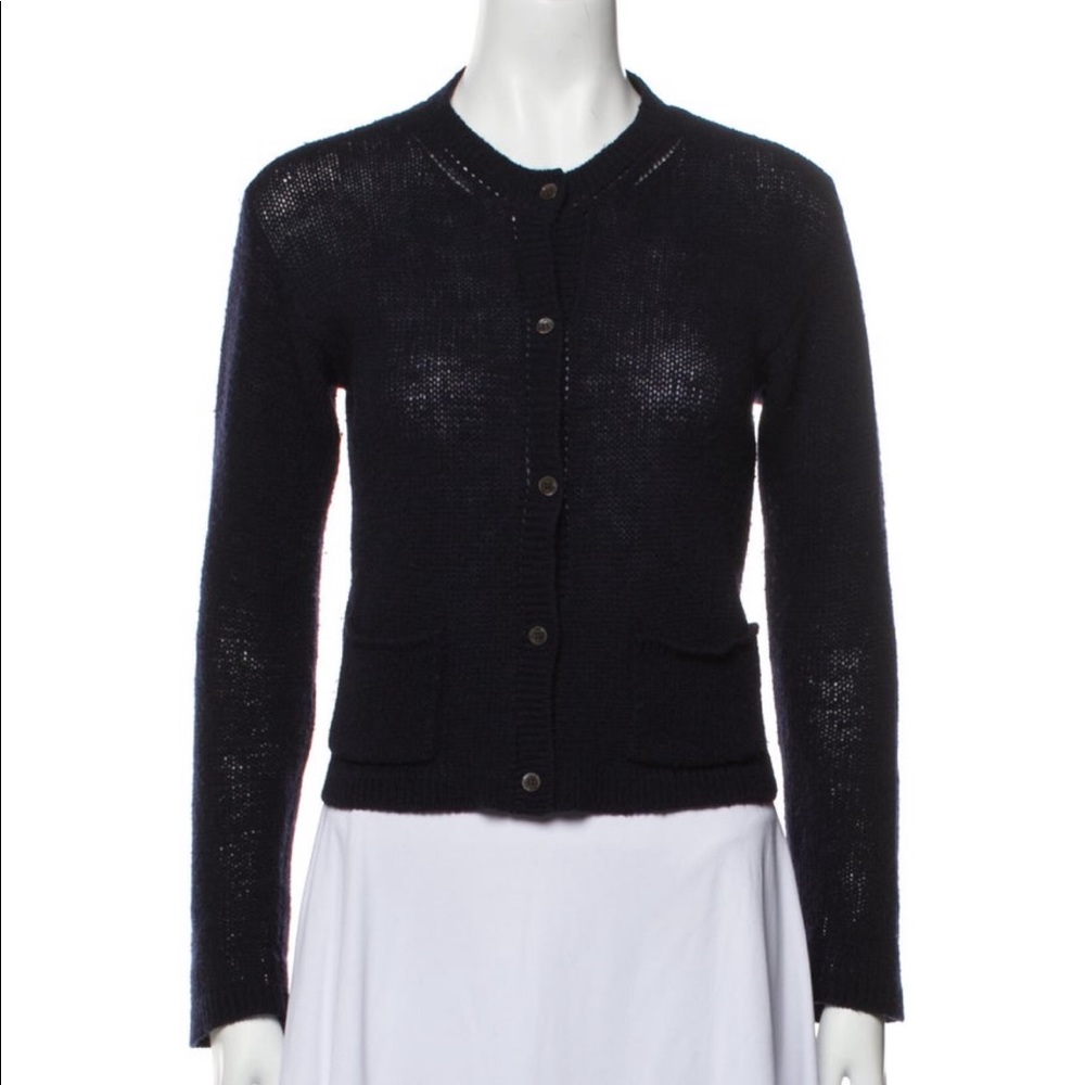 MARNI Navy Blue Wool Crew Neck Cardigan with Front Pockets